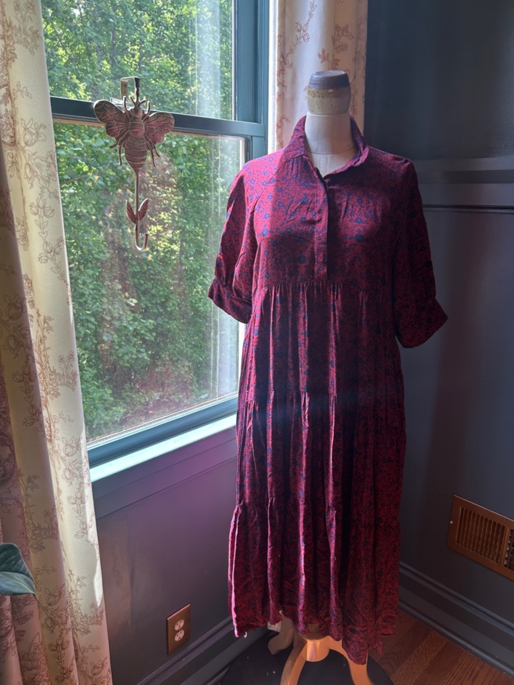 NATURAL LIFE Burgundy Floral Button-Front Midi Dress